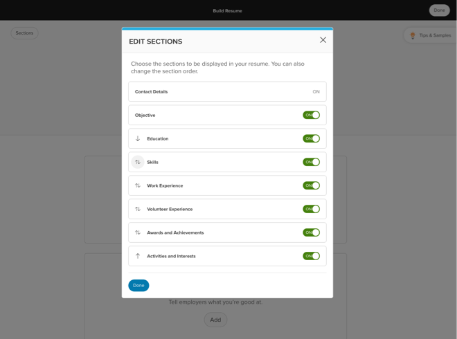 An example of the Layout options used to customize a student’s resume