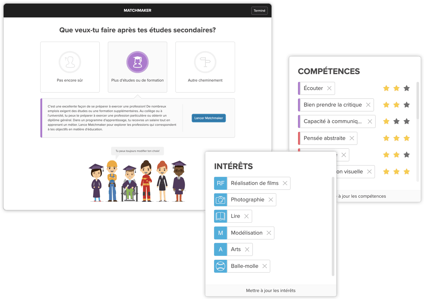 Des écrans où les élèves entrent dans les objectifs, les compétences et les intérêts.