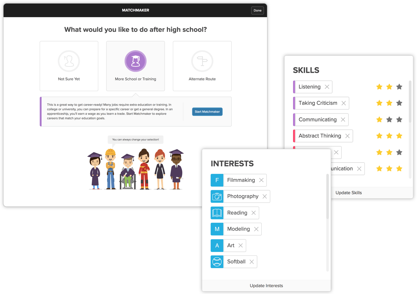 Screens where students enter goals, skills and interests