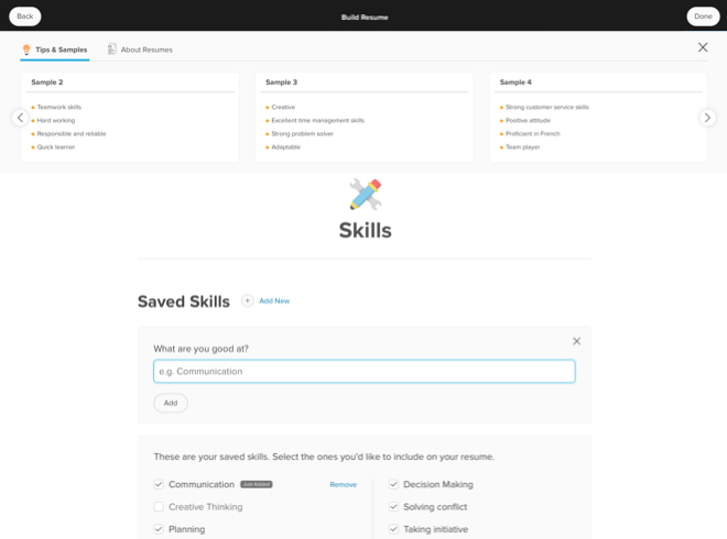 An example of a student selecting saved skills to add to their resume