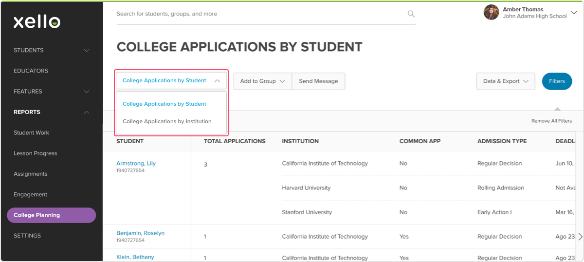 In App News College Applications by Student 